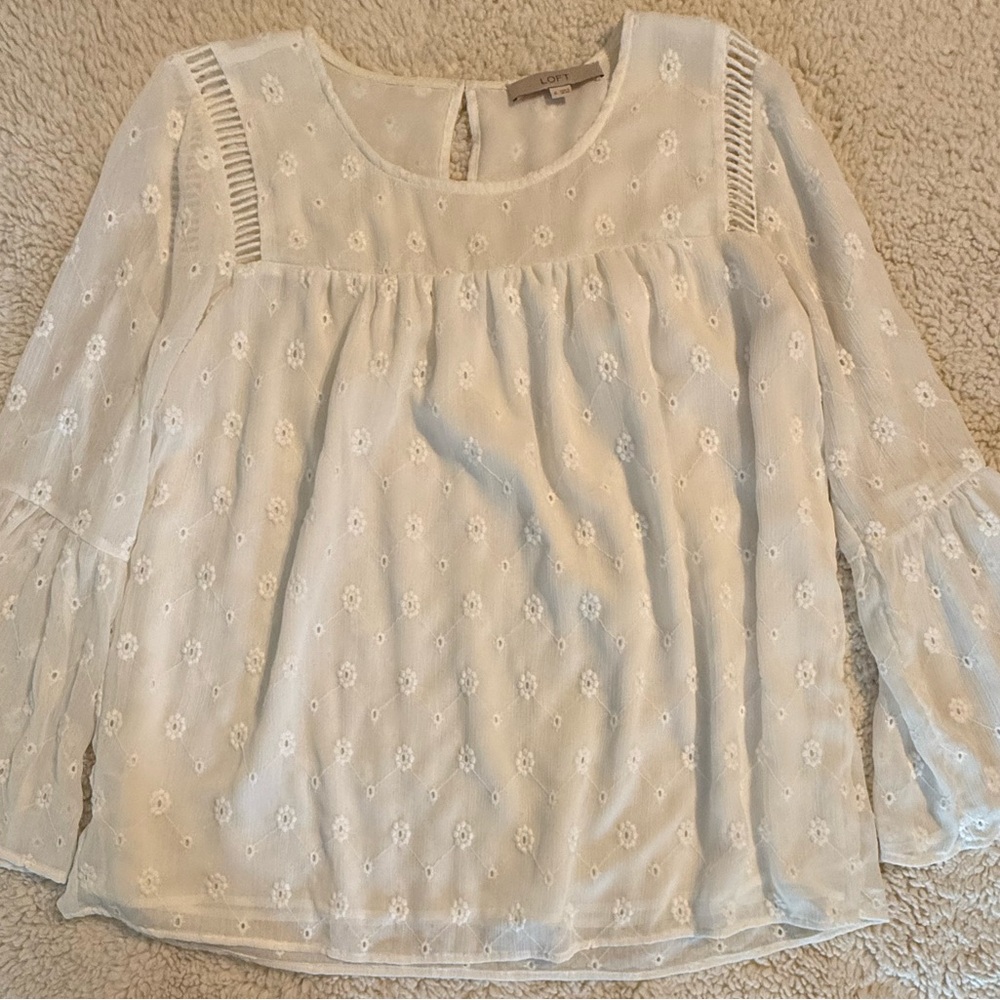 LOFT White Floral Blouse with bell sleeves